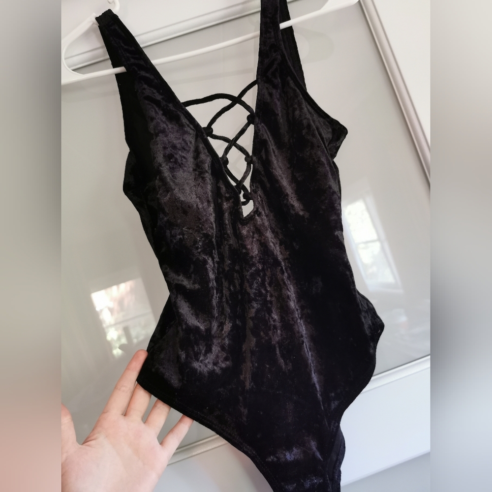 Hot Topic Black Velvet Lace-Up One Piece Swimsuit